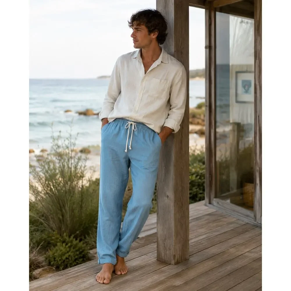 Alex Crane Bo Drawstring Linen Pants Blue — Size Medium